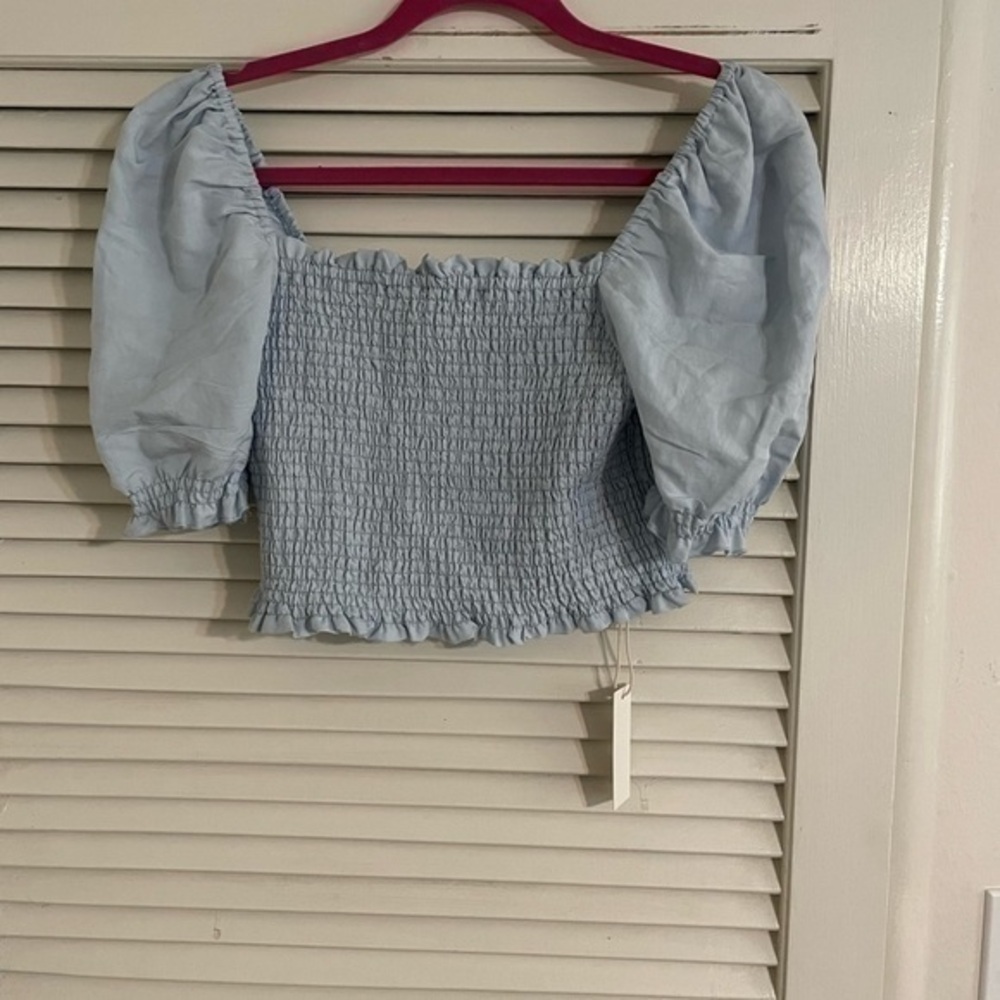 BLANKNYC Smocked Puff Sleeve Linen Blend Crop Top Clear Sky